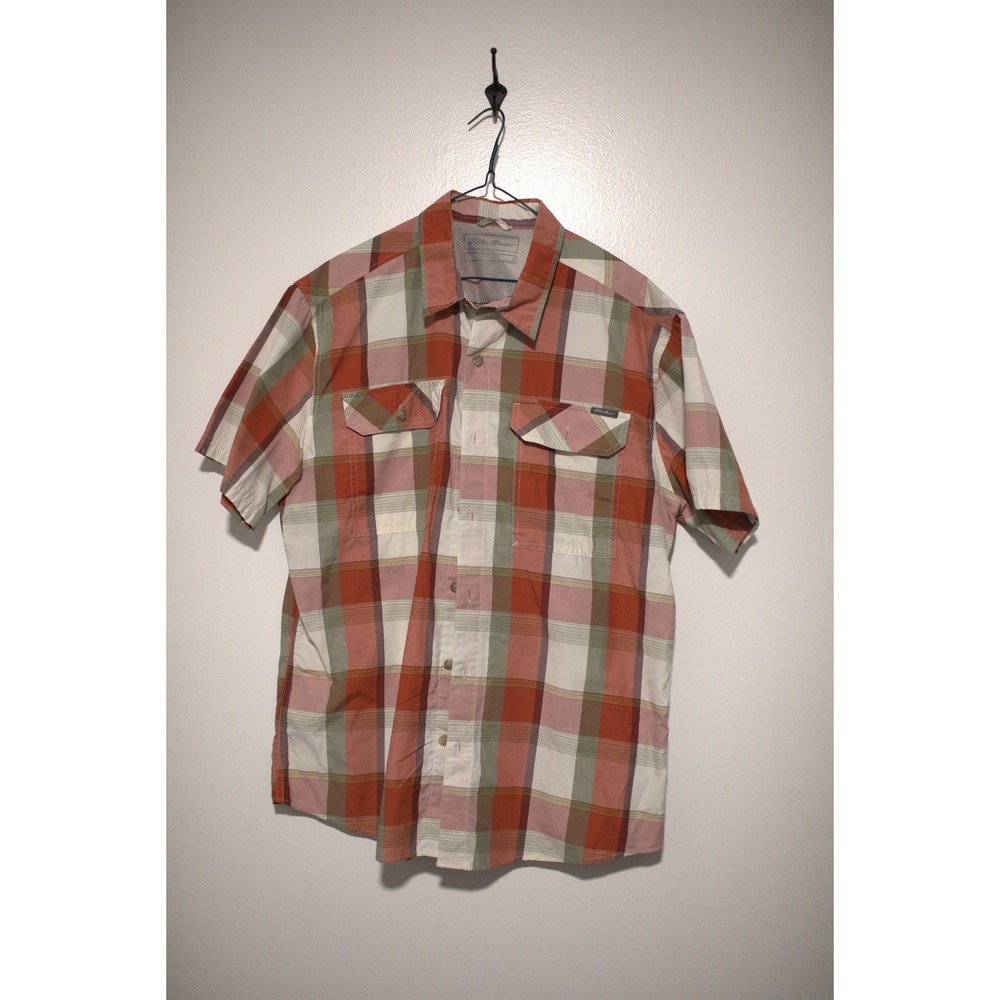 Eddie Bauer Mens Large Plaid Short Sleeve Button Down Shirt Orange Green Hiking